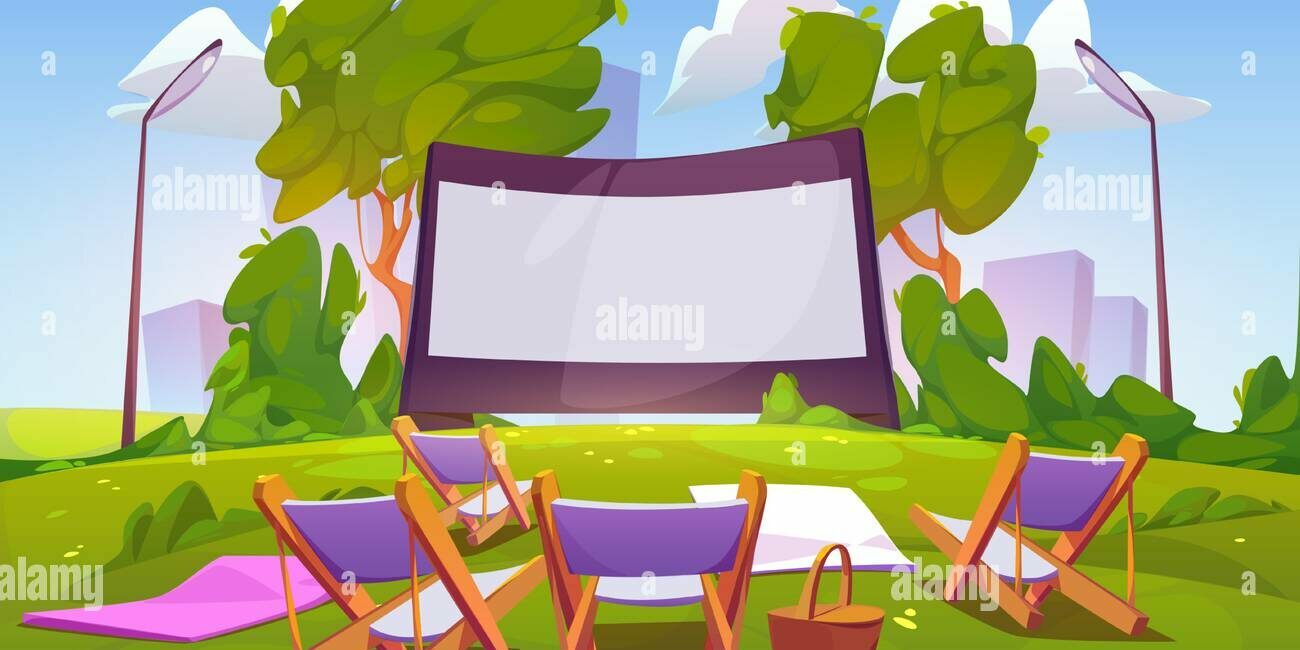 cinema-en-plein-air-sur-pelouse-verte-dans-le-parc-de-la-ville-le-jardin-ou-la-cour-vector-caricature-paysage-d-ete-avec-cin